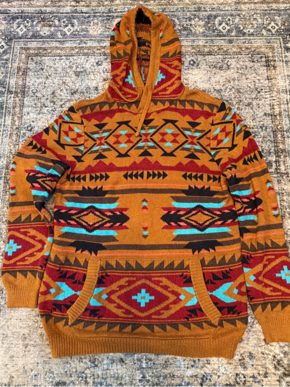 American Eagle Outfitters Aztec Crewneck Sweater in Gold, Red & Turquoise